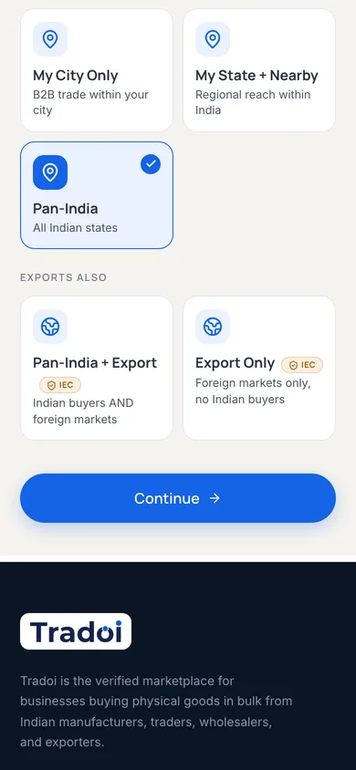 Reach step showing the "Exports also" section, offering Pan-India plus export or export only, each tagged as requiring an Import Export Code.