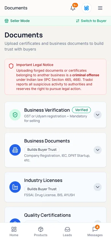 Documents screen with business verification marked Verified, and upload sections for business documents including IEC, industry licenses and quality certifications.