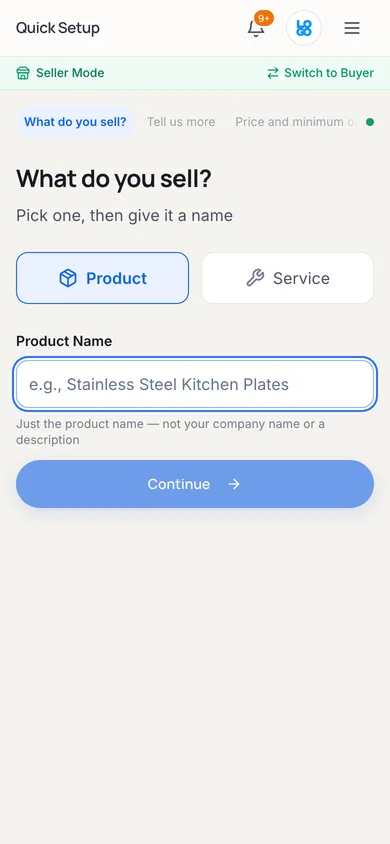 Quick Setup first step, "What do you sell?", with Product and Service options and a Product Name field whose hint asks for just the product name, not a company name or a description.
