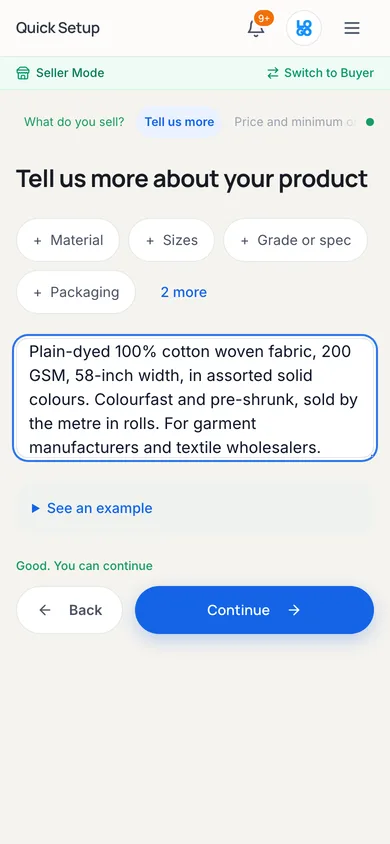 The "Tell us more about your product" step, showing prompt chips for Material, Sizes, Grade or spec, and Packaging above a filled description box, with a "See an example" link.