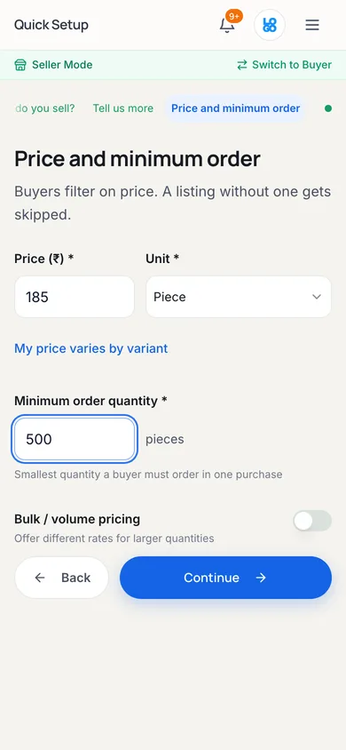 The price and minimum order step, with fields for price per unit, the unit of sale, and the smallest order the seller will accept.