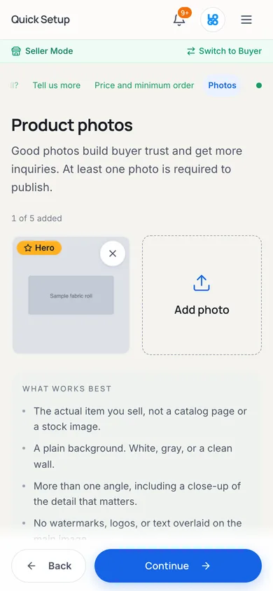 The Photos step showing one uploaded image marked with a Hero badge, an Add photo tile, and a "what works best" list covering real items, plain backgrounds, multiple angles, and no watermarks.