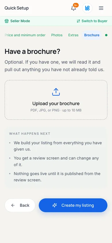 The Brochure step in Quick Setup, offering to read an uploaded product brochure and pull the details out automatically.