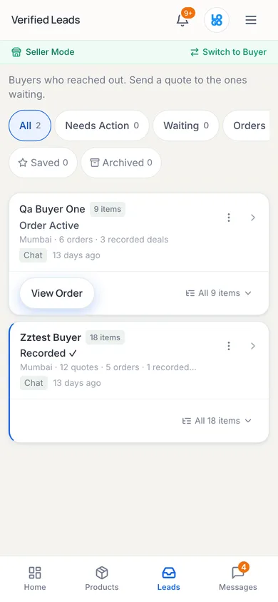 Verified Leads inbox showing two buyer cards with status, city, order and quote counts, above filter tabs for All, Needs Action, Waiting, Orders, Saved and Archived.
