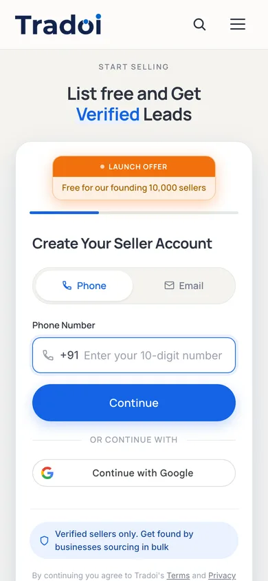 Seller sign-up screen headed "Create Your Seller Account", with Phone and Email tabs, a phone-number field and a Google sign-in option.