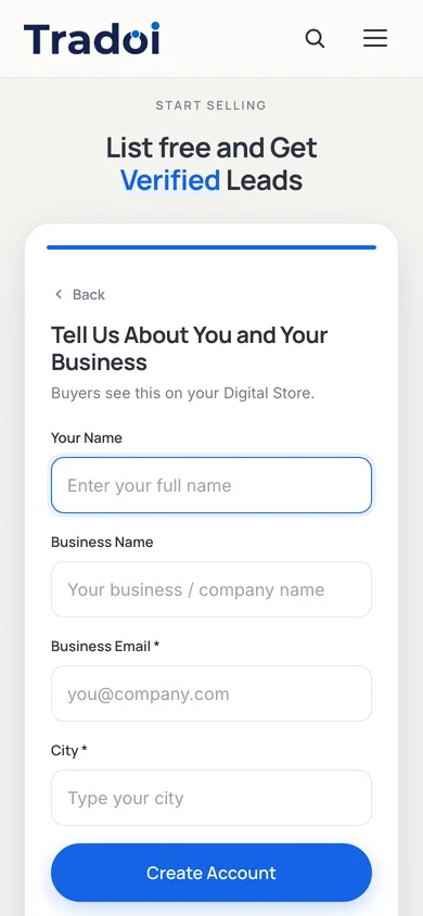 Form headed "Tell Us About You and Your Business" asking for your name, business name, business email and city, noting that buyers see this on your Digital Store.