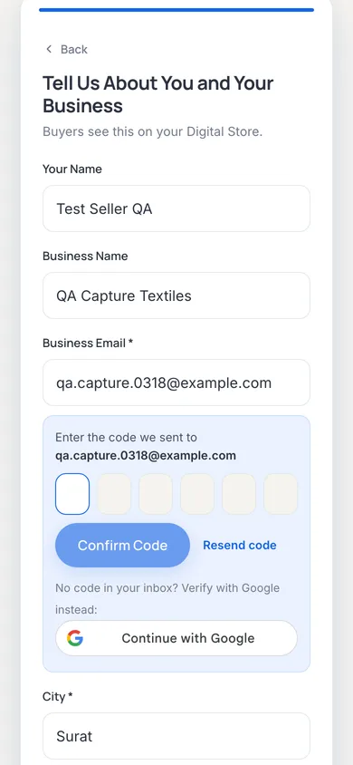 Email verification step asking for the six-digit code sent to the address entered a moment earlier.