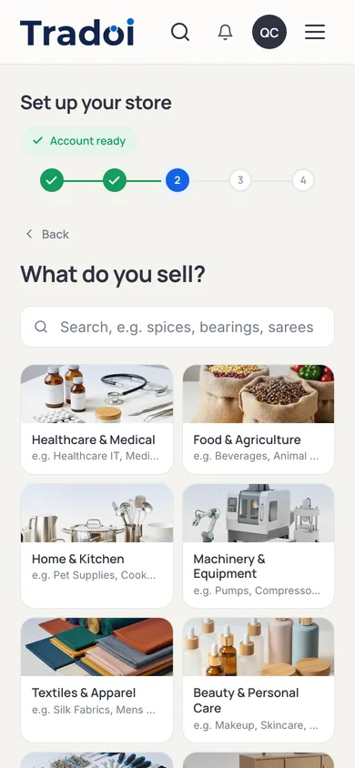 Category selection step headed "What do you sell?", showing category cards such as Healthcare & Medical, Food & Agriculture and Home & Kitchen with example sub-lines.