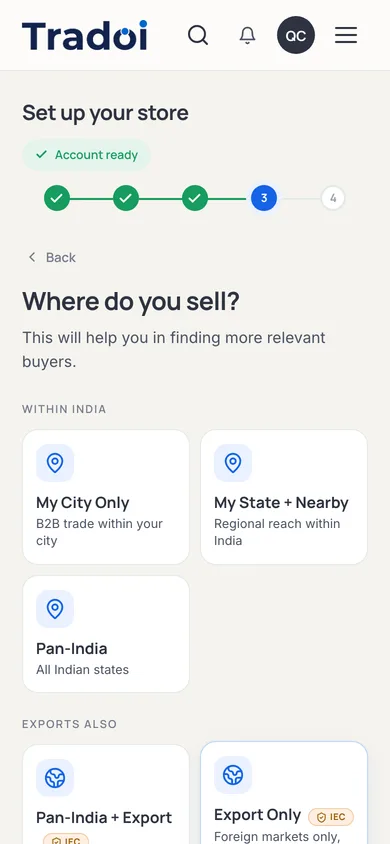 Reach step headed "Where do you sell?", offering city only, state and nearby, or pan-India, with a separate exports section.