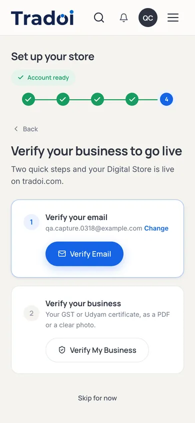 Final setup step, "Verify your business to go live", listing the two remaining actions: verify your email and upload a business registration document.